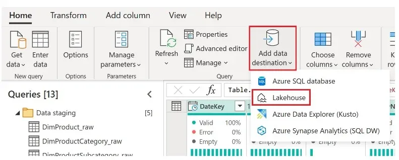 Menú de destino de datos en Dataflows Gen2 con la opción Lakehouse resaltada