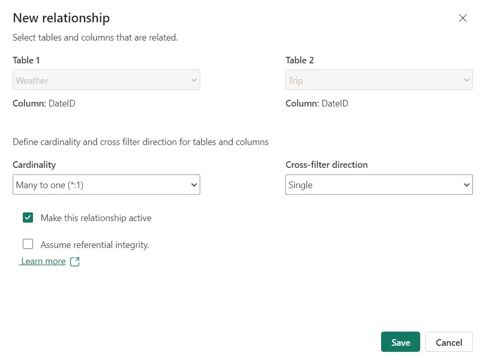 Diálogo de nueva relación definiendo una relación muchos a uno entre Weather y Trip por DateID