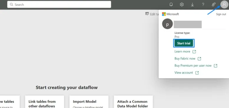 Account menu in Fabric showing the Start trial button
