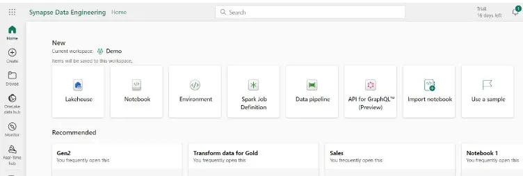 Synapse Data Engineering home page with items like lakehouse, notebook, and Spark job definition