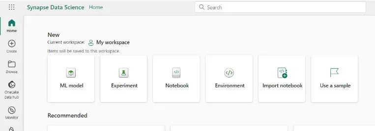 Synapse Data Science home page with ML model, experiment, and notebook items