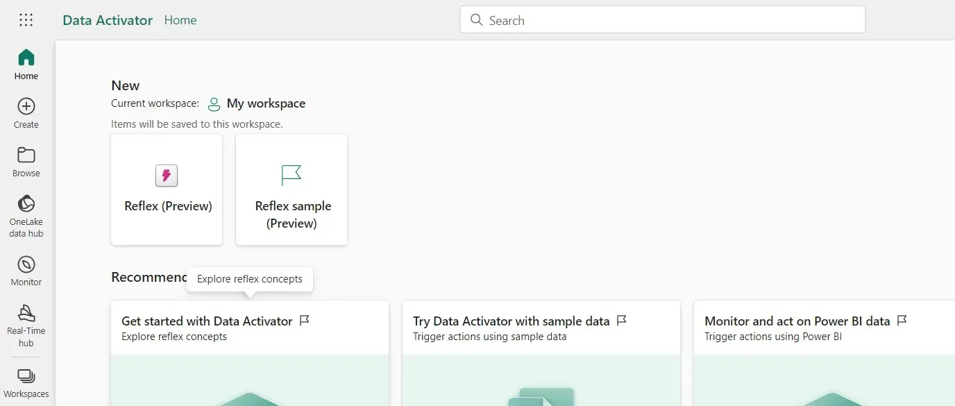 Data Activator home page with Reflex items for triggering actions on data