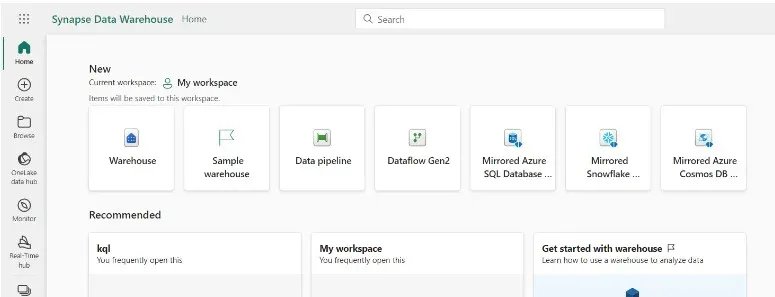 Synapse Data Warehouse home page with options for warehouse, data pipeline, Dataflow Gen2, and mirrored databases