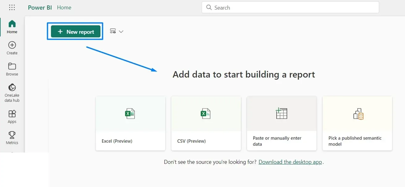 Power BI home page in Fabric with the New report button highlighted