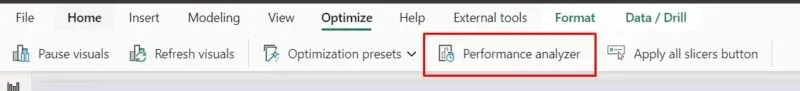 Optimize ribbon in Power BI Desktop with the Performance analyzer button highlighted