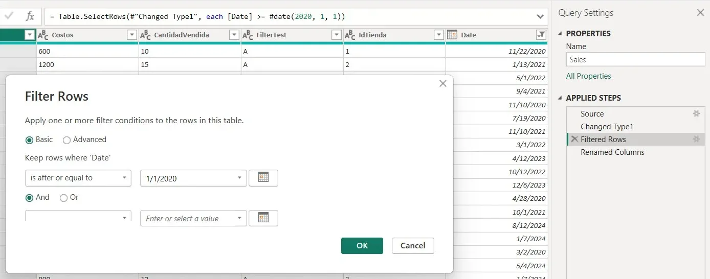Diálogo Filtrar filas de Power Query conservando solo fechas desde 2020