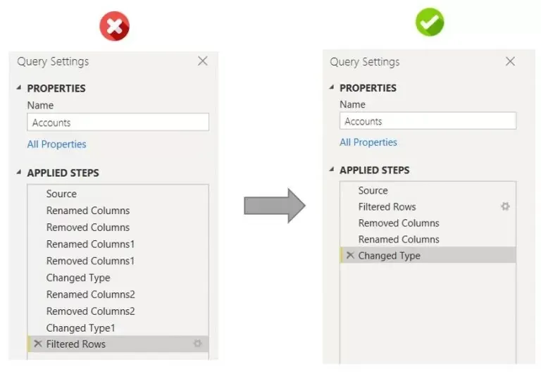 Comparación en Query Settings entre una lista larga de pasos repetidos y una versión consolidada