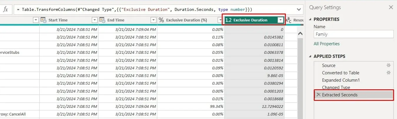 Detalle de diagnóstico de consultas con la columna Exclusive Duration convertida a segundos