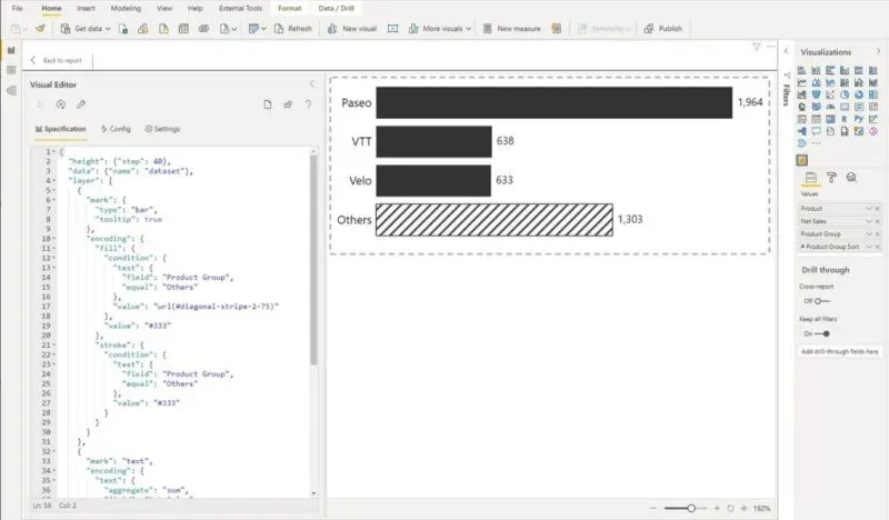 Deneb visual editor in Power BI showing a Vega-Lite specification for a bar chart