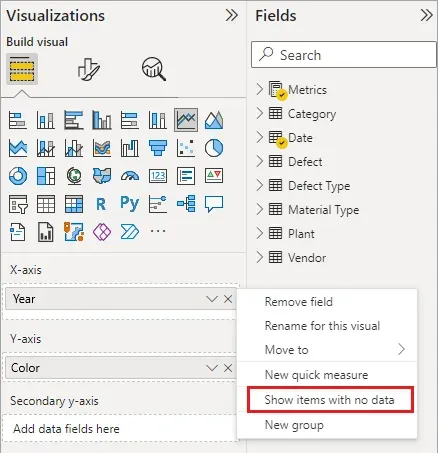 Field context menu with the Show items with no data option highlighted