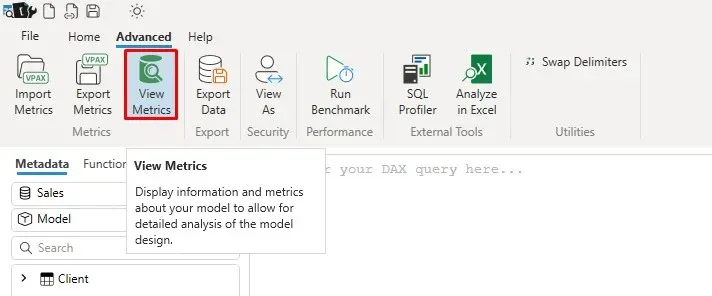 View Metrics button in the DAX Studio Advanced ribbon