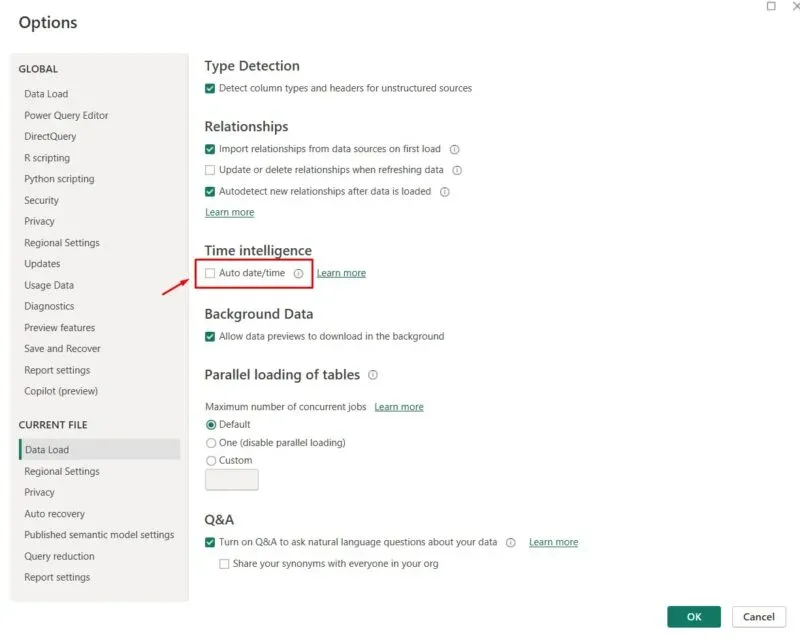 Options dialog in Power BI Desktop with the Auto date/time setting unchecked