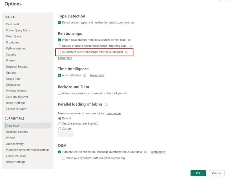 Options dialog with Autodetect new relationships after data is loaded unchecked