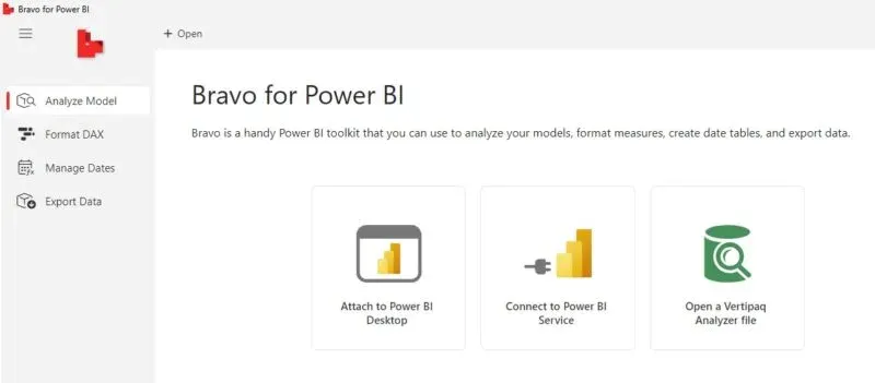 Bravo for Power BI start screen with options to analyze the model and export data