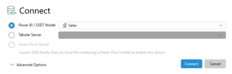 DAX Studio Connect dialog attaching to a Power BI model