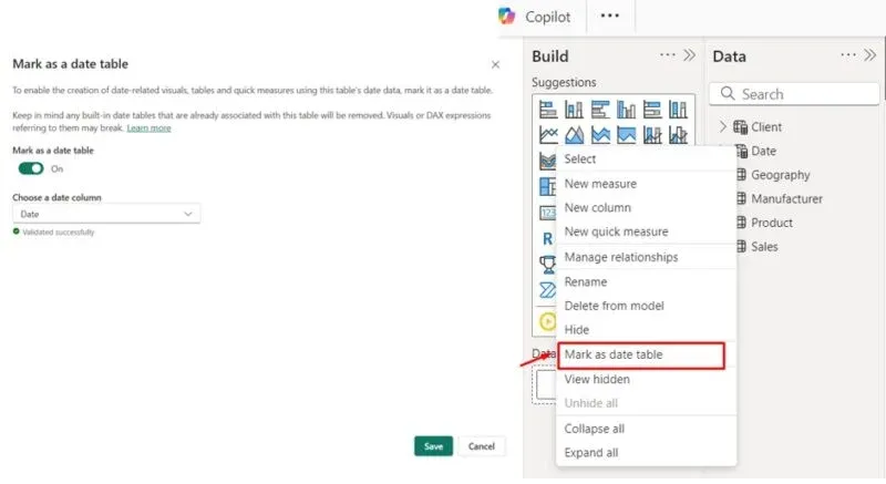 Mark as date table dialog and context menu option in Power BI Desktop