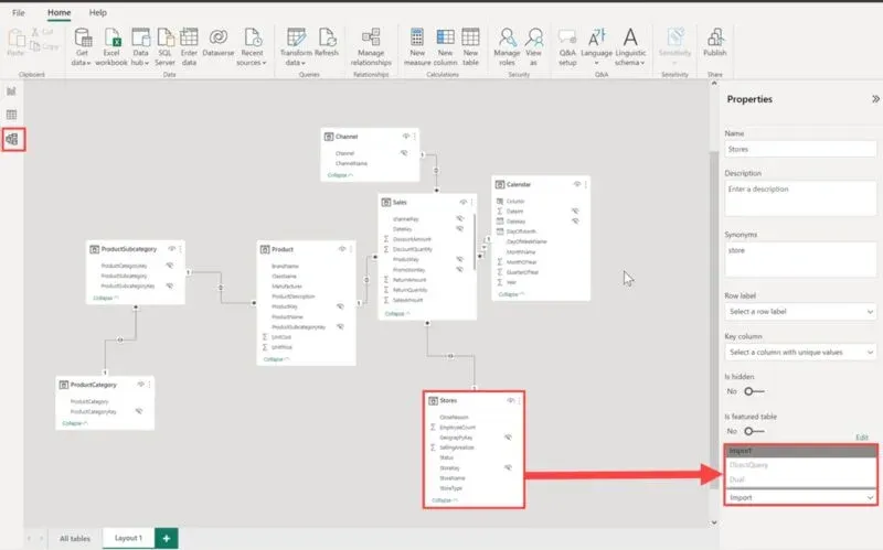 Model view in Power BI Desktop showing the storage mode property of a table set to Import