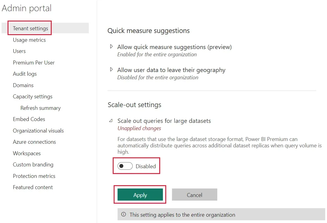 Portal de administración de Power BI, Tenant settings, sección Scale-out settings con la opción Scale out queries for large datasets y su botón Apply