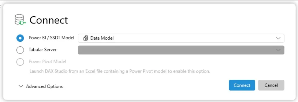 DAX Studio Connect dialog attaching to an open Power BI data model