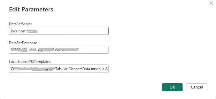 Edit Parameters dialog with the dataset server, database, and templates path