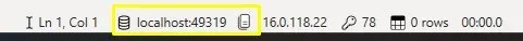 DAX Studio status bar showing the local server name and port