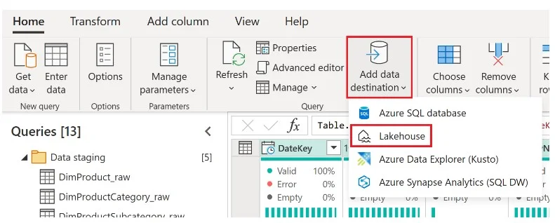 Menú de destino de datos en Dataflows Gen2 con la opción Lakehouse resaltada