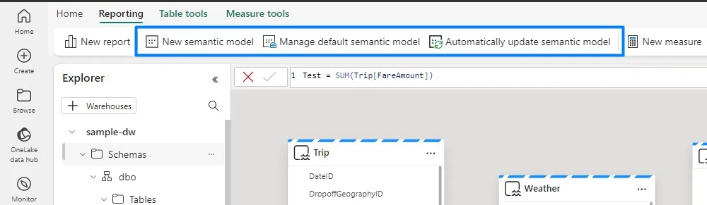 Warehouse Reporting ribbon with the semantic model options highlighted
