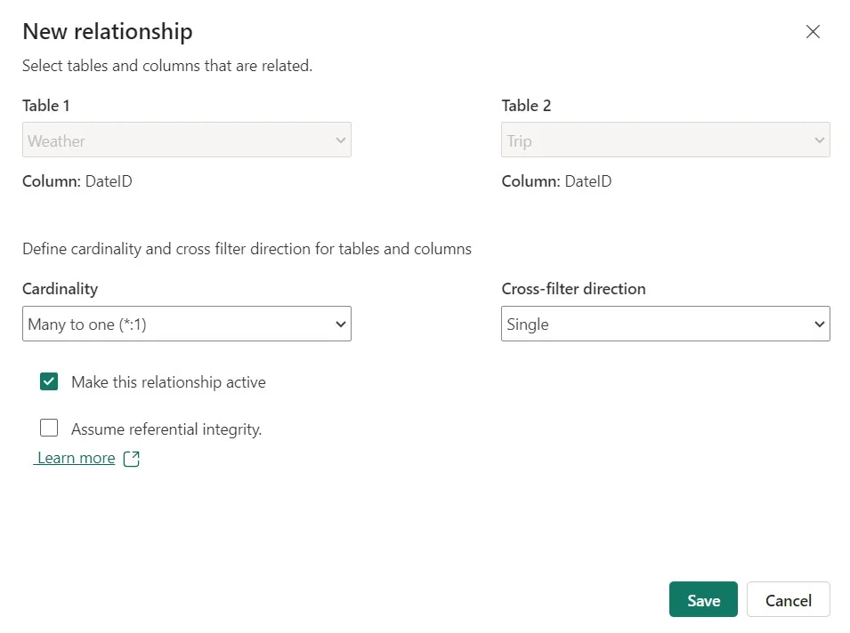 Diálogo de nueva relación definiendo una relación muchos a uno entre Weather y Trip por DateID
