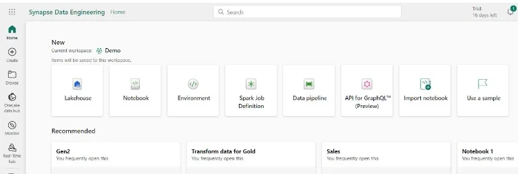 Synapse Data Engineering home page with items like lakehouse, notebook, and Spark job definition