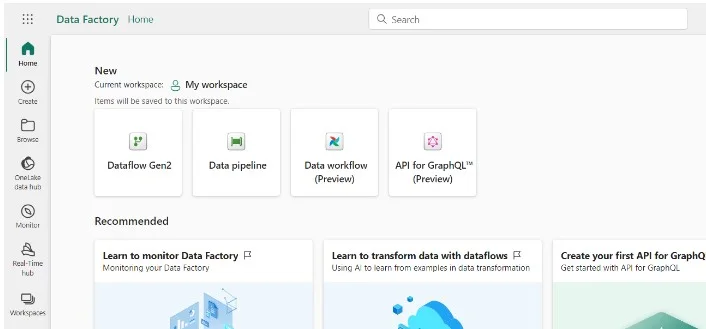Data Factory home page with options to create Dataflow Gen2, data pipelines, and data workflows
