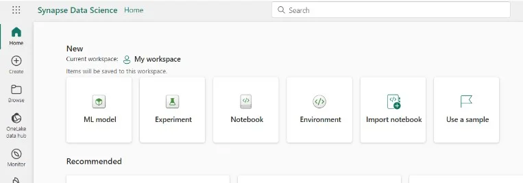 Synapse Data Science home page with ML model, experiment, and notebook items