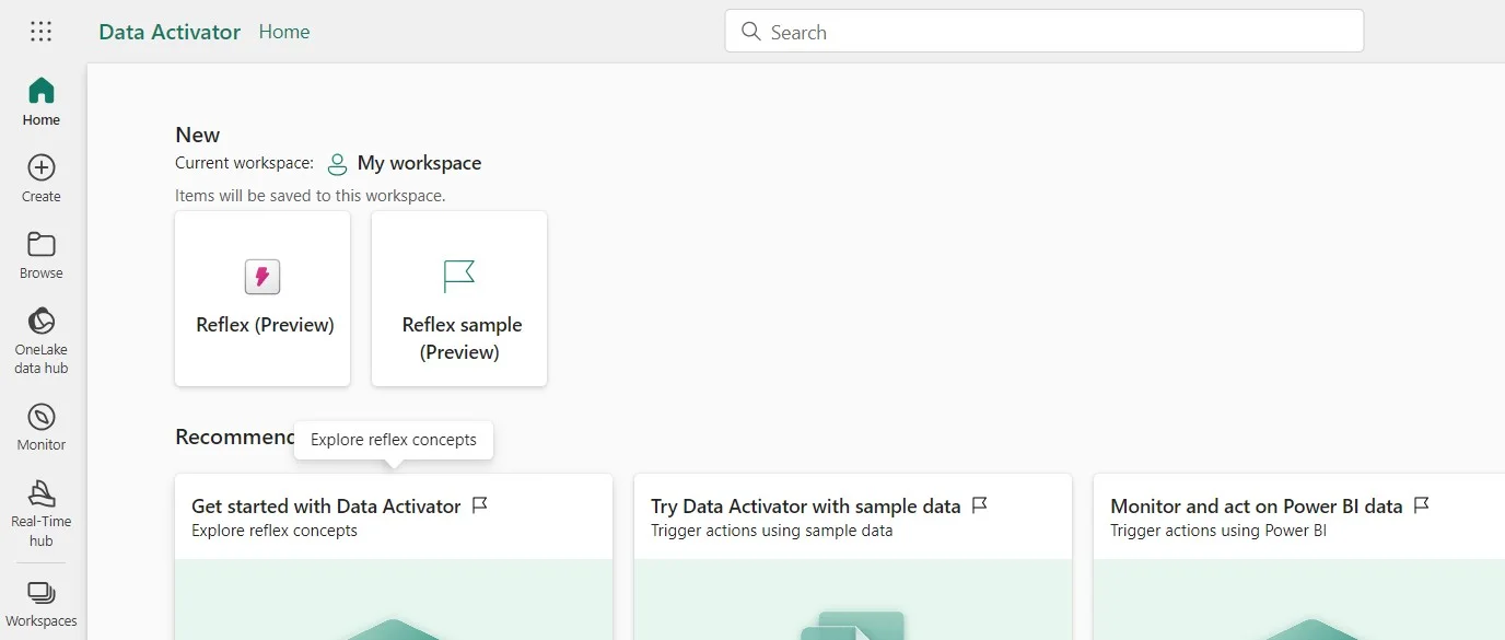 Data Activator home page with Reflex items for triggering actions on data
