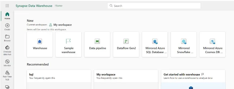 Synapse Data Warehouse home page with options for warehouse, data pipeline, Dataflow Gen2, and mirrored databases