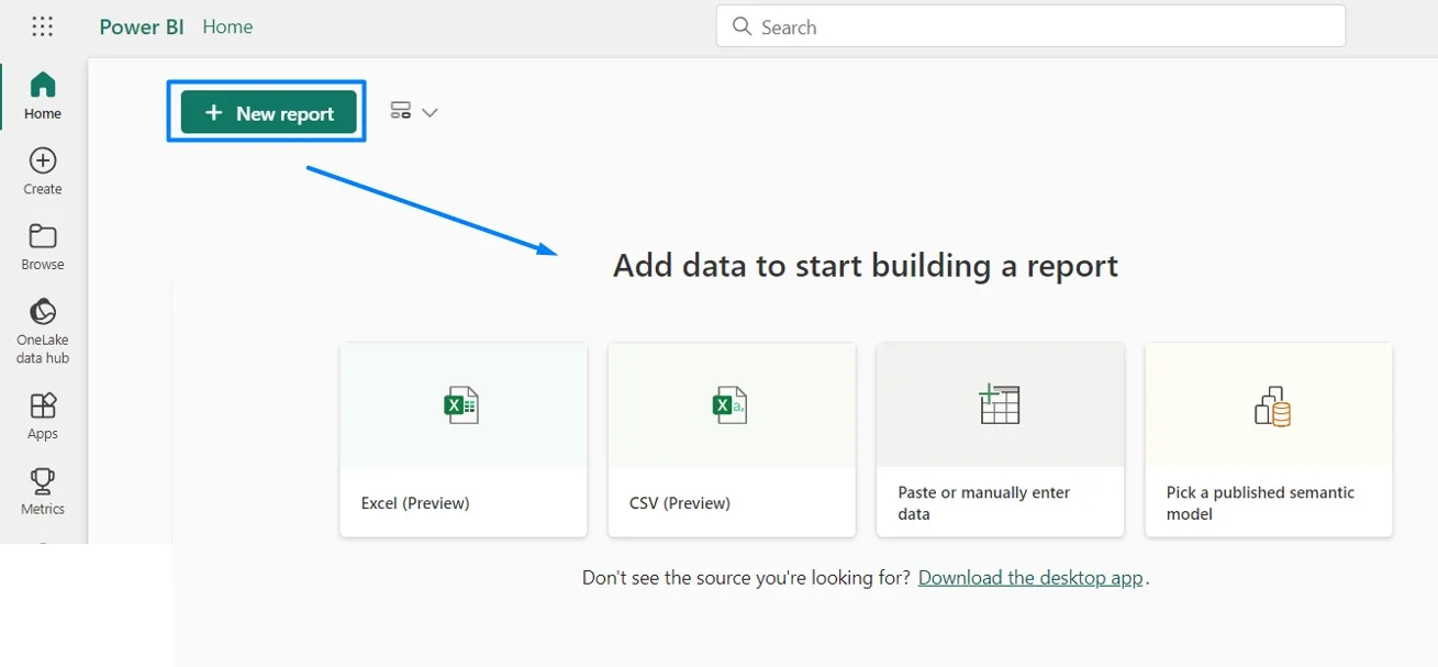 Power BI home page in Fabric with the New report button highlighted