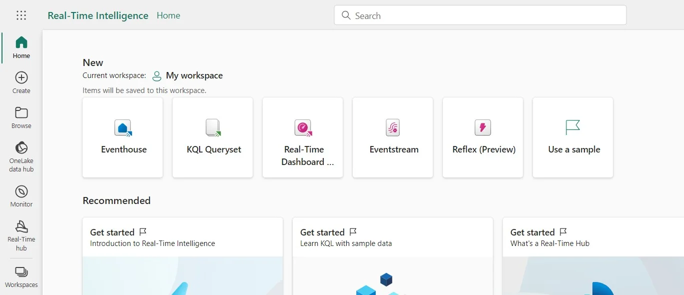 Real-Time Intelligence home page with eventhouse, KQL queryset, real-time dashboard, and eventstream items