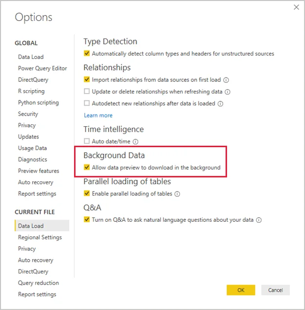 Opciones de datos en segundo plano en Power BI Desktop