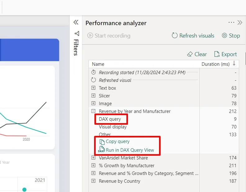 Performance analyzer pane showing DAX query duration and the options to copy the query or run it in DAX Query View