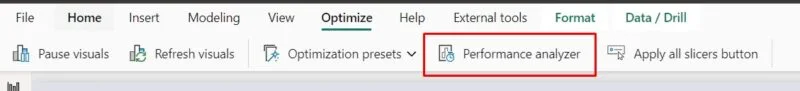 Optimize ribbon in Power BI Desktop with the Performance analyzer button highlighted