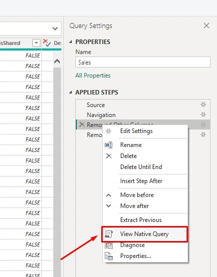 Menú contextual de un paso aplicado en Power Query con la opción View Native Query resaltada