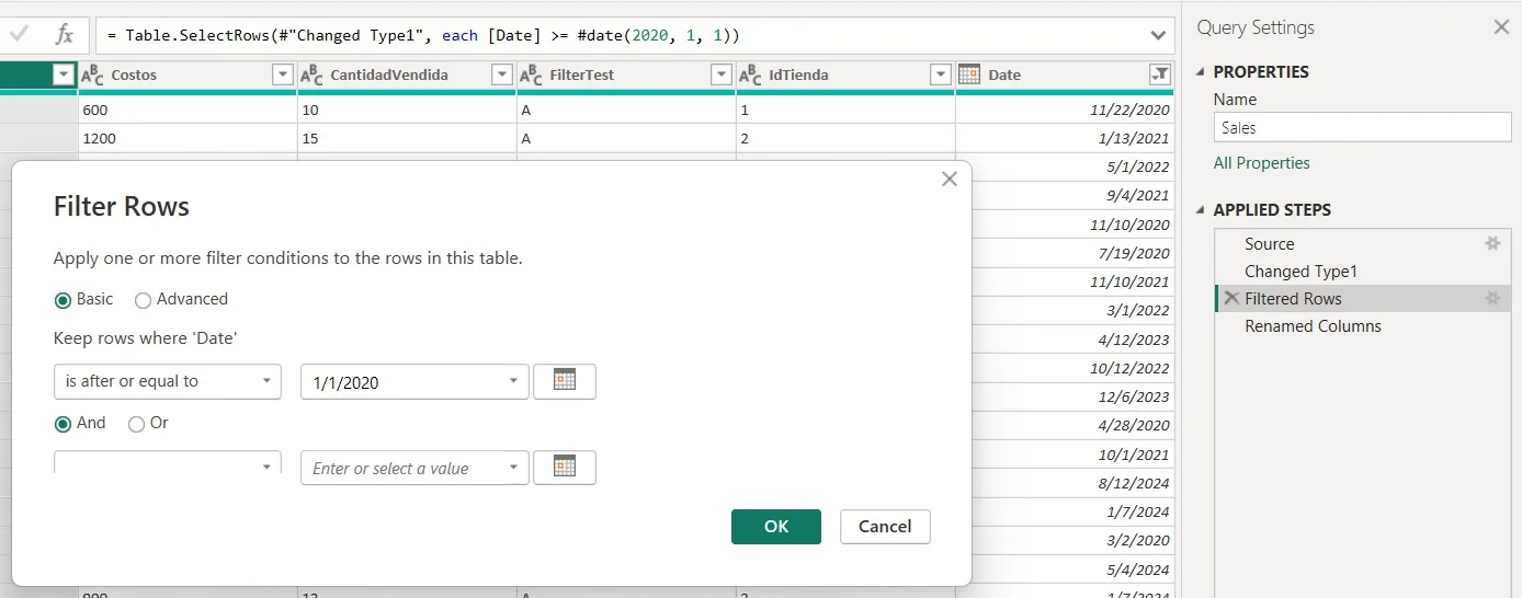 Diálogo Filtrar filas de Power Query conservando solo fechas desde 2020