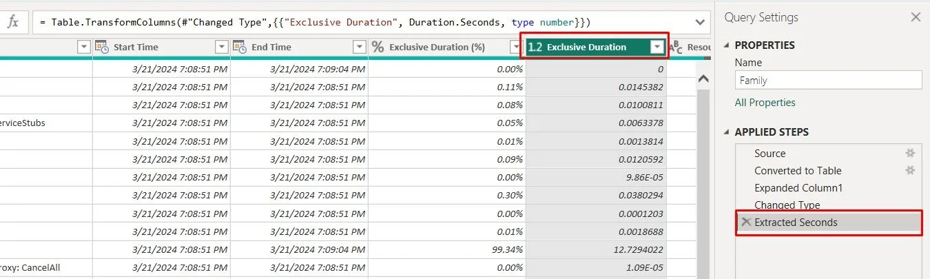 Detalle de diagnóstico de consultas con la columna Exclusive Duration convertida a segundos