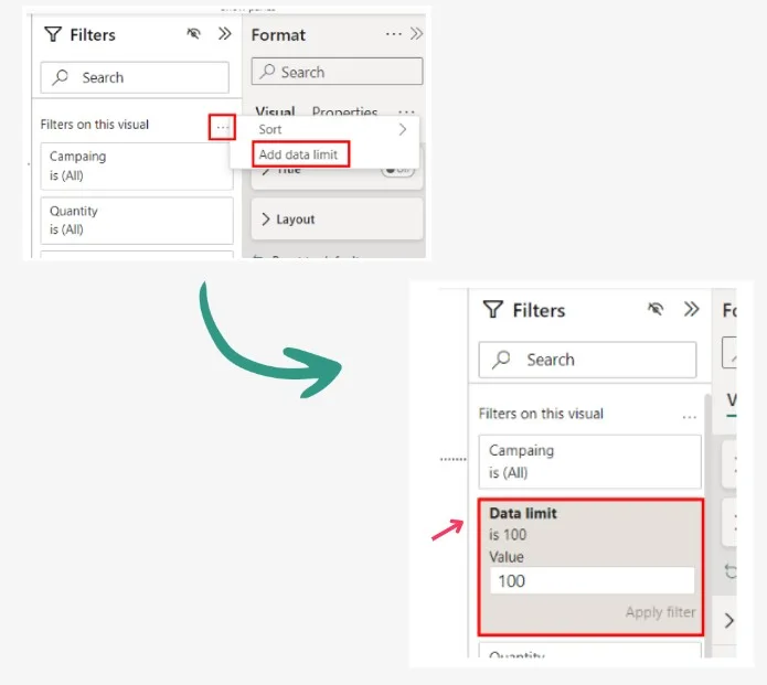 Adding a data limit filter of 100 values to a visual from the Filters pane