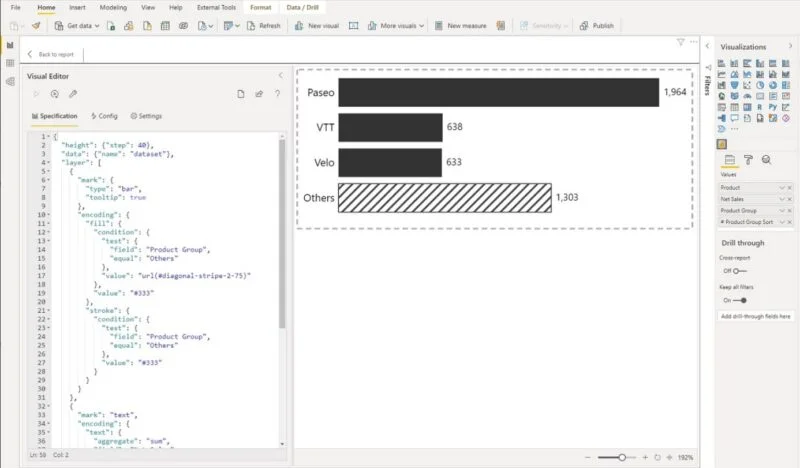 Deneb visual editor in Power BI showing a Vega-Lite specification for a bar chart