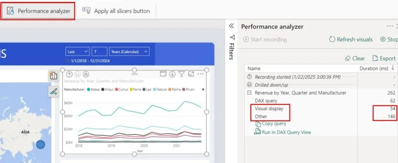 Performance analyzer pane breaking down a visual's duration into DAX query, visual display, and other
