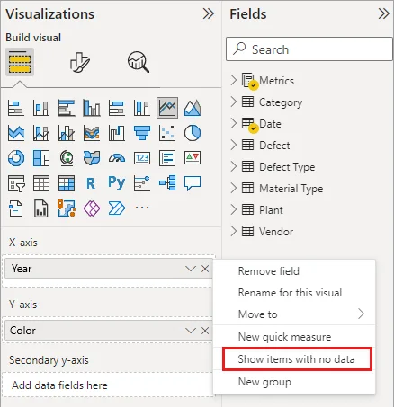 Field context menu with the Show items with no data option highlighted