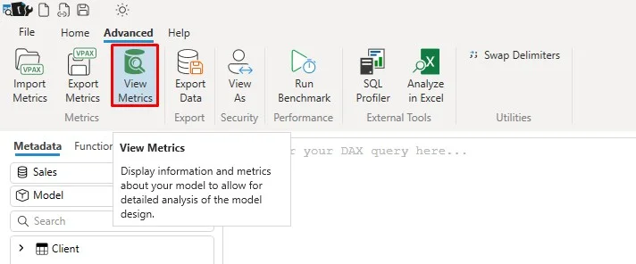 View Metrics button in the DAX Studio Advanced ribbon