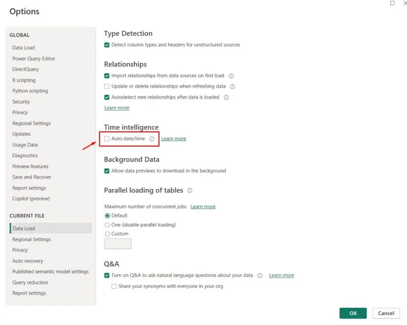 Options dialog in Power BI Desktop with the Auto date/time setting unchecked