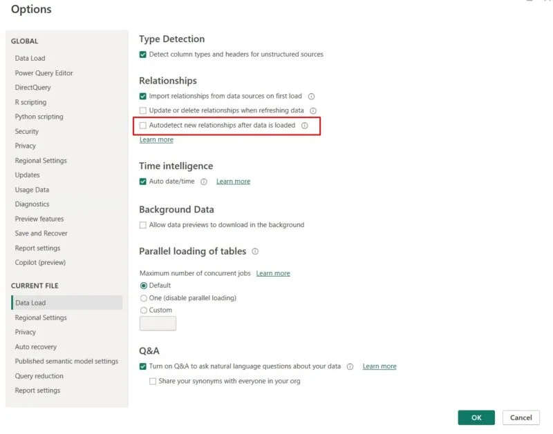 Options dialog with Autodetect new relationships after data is loaded unchecked