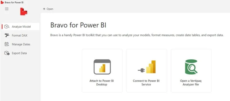 Bravo for Power BI start screen with options to analyze the model and export data