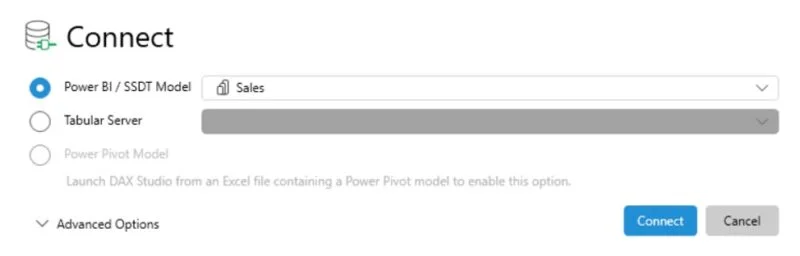 DAX Studio Connect dialog attaching to a Power BI model